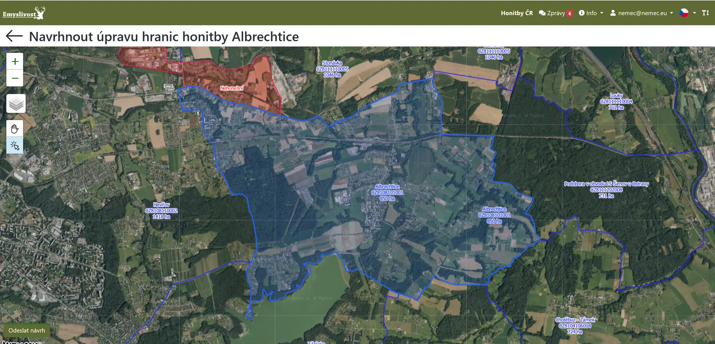 Návrh úpravy hranic honitby na letecké mapě