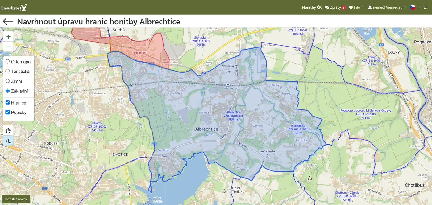 Návrh úpravy hranic honitby na základní mapě
