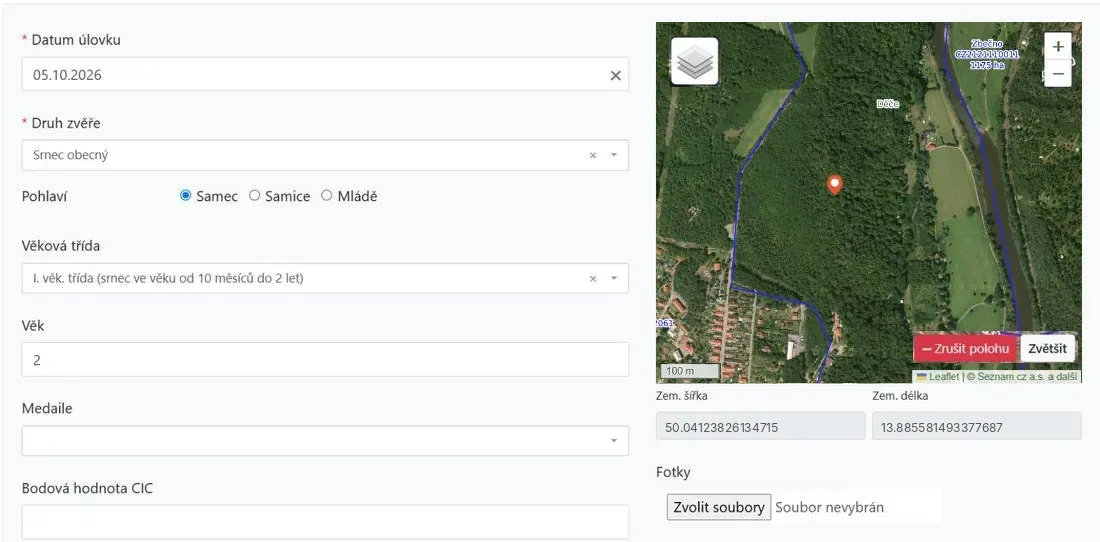 Vyplněná horní část formuláře s polohou na mapě